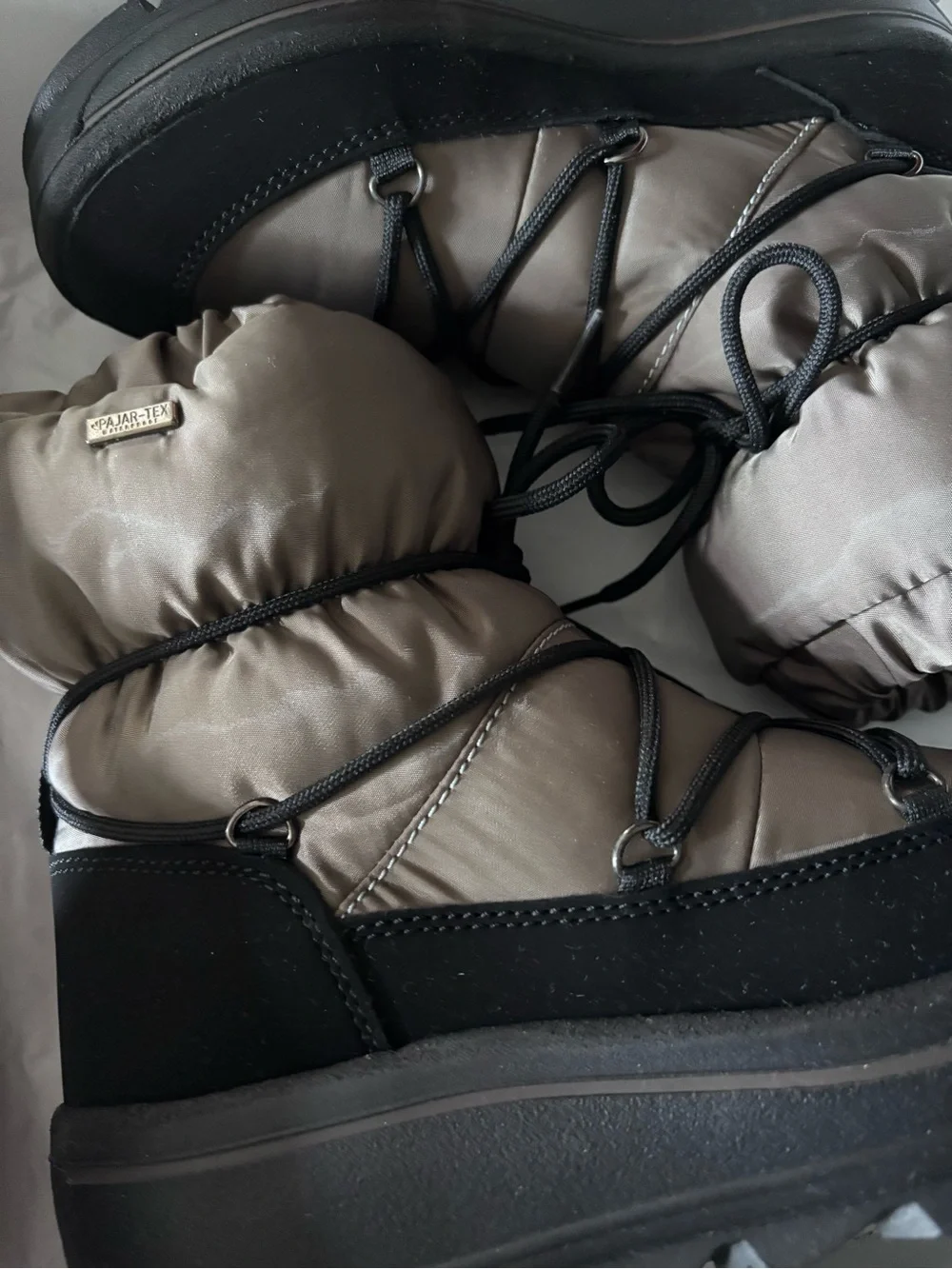 Pajar Taupe and Black Puffer Lace-Up Winter Boots